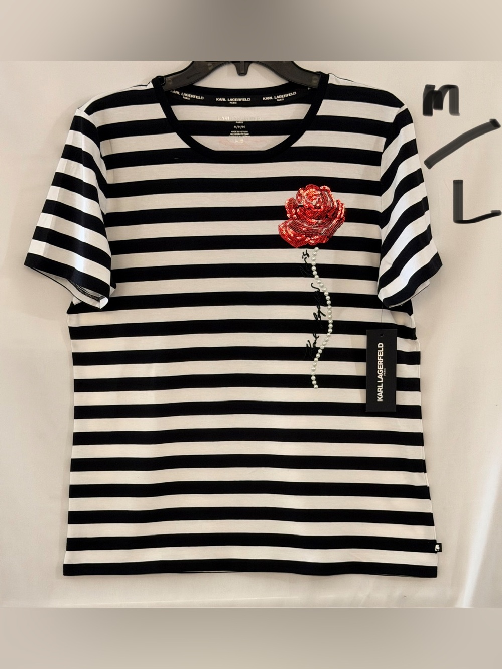 Karl Lagerfeld Black & White Striped Tee with Red Sequin Rose Appliqué